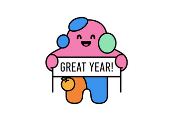 Cheerful cartoon character holding a sign with the words Great Year a colorful and happy design.