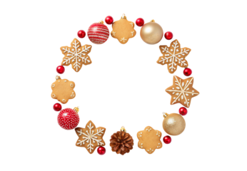 Festive Christmas wreath featuring gingerbread cookies, red ornaments, pinecone, and golden baubles, isolated on a transparent background