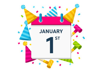 New Years Day Calendar with Party Hats and Confetti.