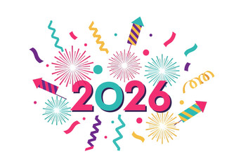 Happy New Year 2026 Celebration with Colorful Fireworks and Confetti.