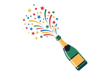 Champagne bottle popping with colorful confetti and stars celebrating a special occasion.