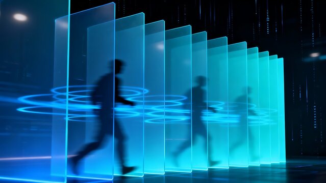 Generative AI digital progress through luminous data portals.