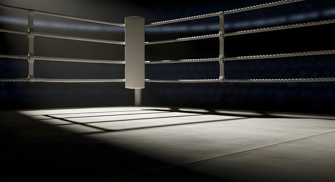 Spotlight on an empty boxing ring canvas, highlighting the corner and ropes in a dark, atmospheric arena