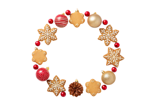 Festive Christmas wreath featuring gingerbread cookies, red ornaments, pinecone, and golden baubles, isolated on a transparent background