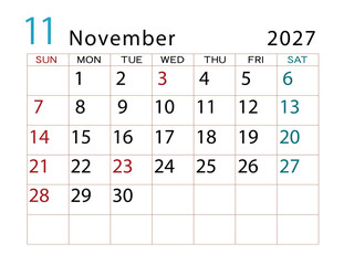 2027年カレンダー　11月	