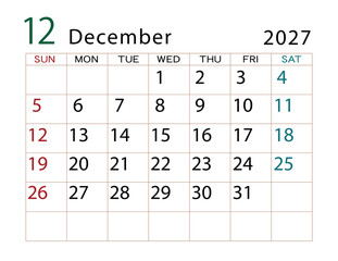 2027年カレンダー　12月	