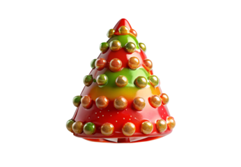 Colorful tiered Christmas tree decoration with gold ornaments, isolated on a transparent background
