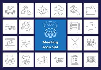 Outline Business Meeting and Communication Line Icons. Thin Stroke Vectors of Conference, Brainstorming, Headset, Speaker, and Agenda.