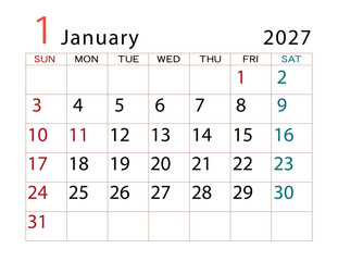 2027年カレンダー　1月	
