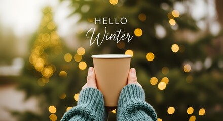 Cozy winter vibes with a warm drink and festive lights
