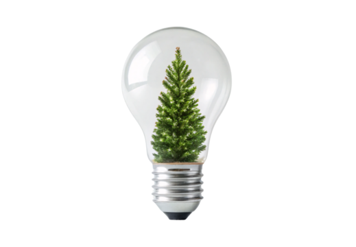 Light bulb containing miniature Christmas tree with lights, isolated on a transparent background - Powered by Adobe