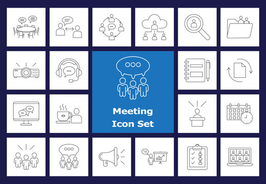 Outline Business Meeting and Communication Line Icons. Thin Stroke Vectors of Conference, Brainstorming, Headset, Speaker, and Agenda.