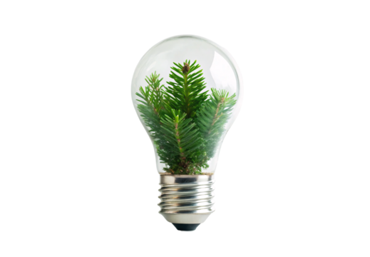 Light bulb filled with pine branches and greenery, isolated on a transparent background