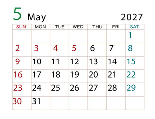 2027年カレンダー　5月	
