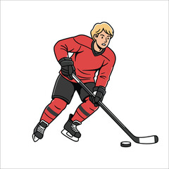 Fototapeta premium Hockey Player Skating With Puck And Stick In Red Uniform Keywords: ice hockey, player, skating