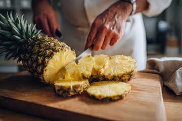Person Slicing Fresh Pineapple on Wooden Cutting Board in Kitchen