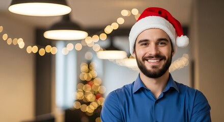 Smiling man wearing a festive santa hat with christmas lights in the background