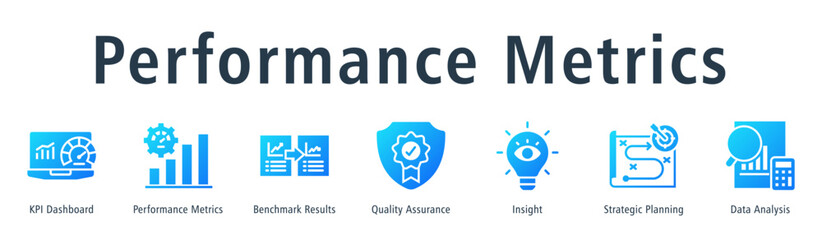 Performance metrics web banner icon vector illustration concept with icon of KPI dashboard, performance metrics, benchmark results, quality assurance, insight, strategic planning, and data analysis.
