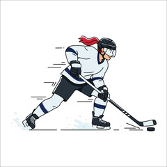 Obraz premium Hockey player with red ponytail skating with puck Keywords: hockey, ice hockey, player, female