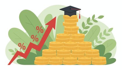 Educational Savings and Investment Growth, Graduation Cap on Coin Stacks, Financial Planning for College Tuition