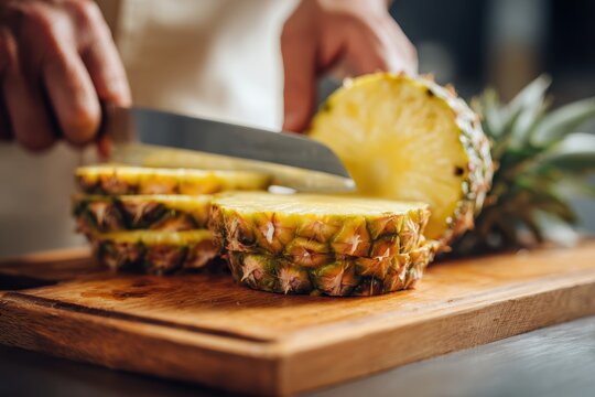 Fresh Pineapple Being Sliced on Wooden Cutting Board in Kitchen