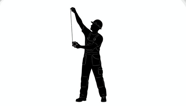 Construction Worker Measuring Tape Silhouette, Tradesman with Hard Hat Full Body, Handyman Measurement Vector