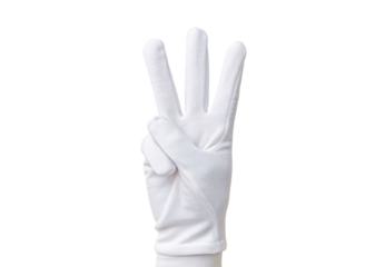 White gloved hand showing three fingers counting gesture, isolated on a transparent background