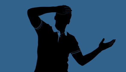 Silhouette Man Hand on Head Confused, Gesture of Shock or Presentation, Puzzled Male Figure Blue Background