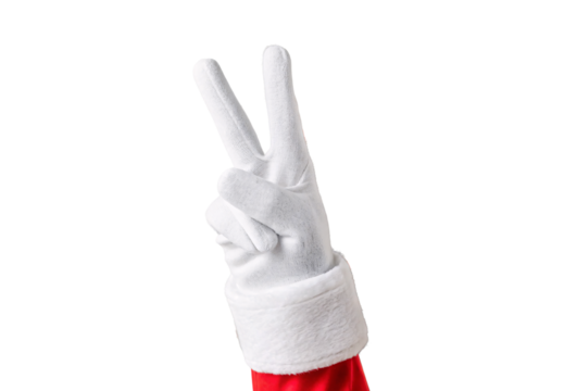 Santa's white gloved hand making peace sign gesture, isolated on a transparent background