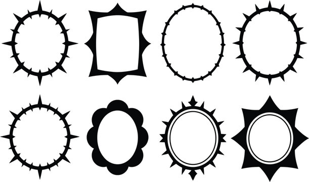 Collection of eight diverse black and white frames featuring various shapes and spiked designs
