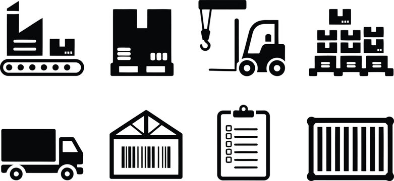 Collection of essential black silhouette icons representing various aspects of logistics, shipping, and warehousing operations