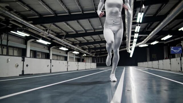 runner in motion, closeup of athlete sprinting indoors under bright lighting, detailed closeup image of sprinter racing indoors under strong lighting conditions
