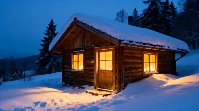 small wooden cabin in snowy landscape with warm glowing windows at blue hour, cozy winter scene, perfect for winter solstice