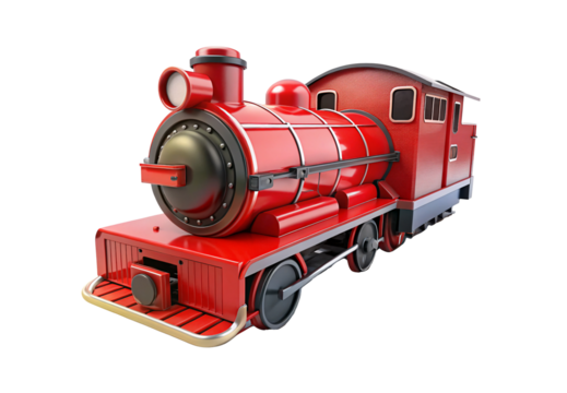 Red vintage toy train engine, isolated on a transparent background