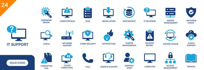 IT support icon. Includes computer bug, cloud support, corrupted file, installation, IT helpdesk. Solid vector icon set.
