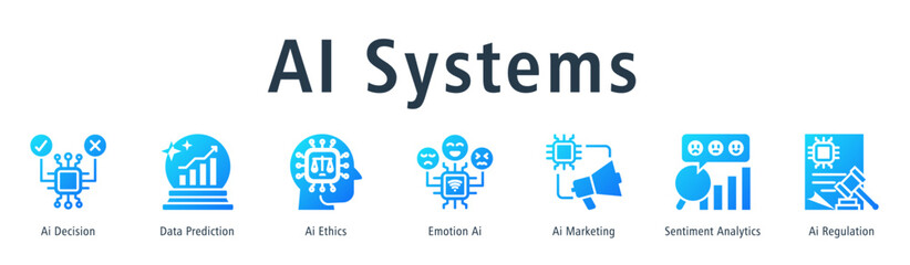 AI Systems web banner icon vector illustration concept with icon of ai decision, data prediction, ai ethics, emotion ai, ai marketing, sentiment analytics, and ai regulation.