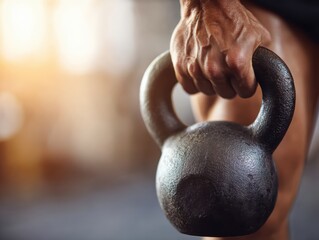 Male Hand Holding Black Kettlebell in Gym Workout Scene
