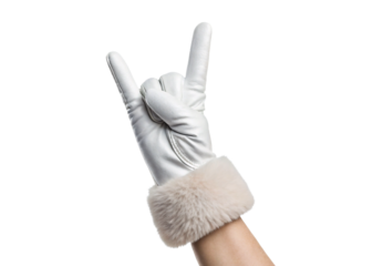 White leather glove with fluffy cuff showing rock gesture, isolated on a transparent background