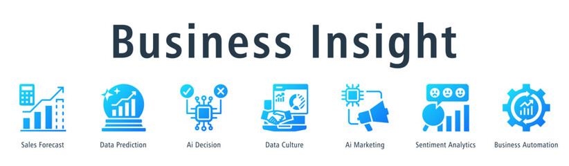 Business Insight web banner icon vector illustration concept with icon of sales forecast, data prediction, ai decision, data culture, ai marketing, sentiment analytics, and business automation.