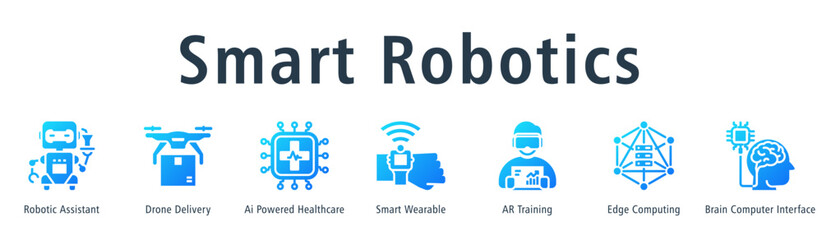 Smart Robotics web banner icon vector illustration concept with icon of  robotics, drone delivery, ai healthcare, wearable tech and ar training