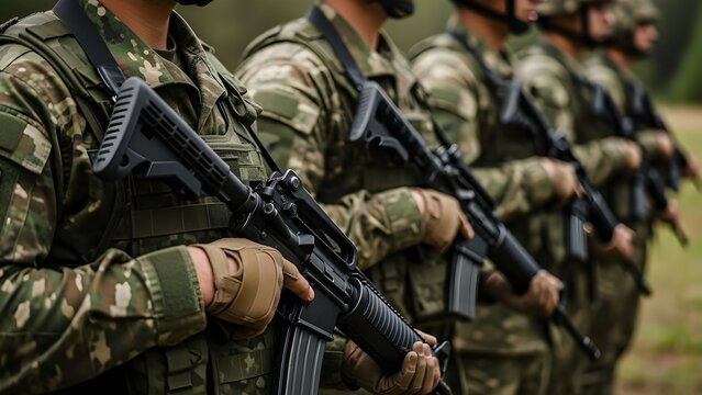 Soldiers in camouflage uniforms holding rifles in formation outdoors - Powered by Adobe