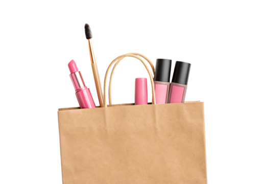 Brown shopping bag containing pink lipstick and beauty products, isolated on a transparent background - Powered by Adobe
