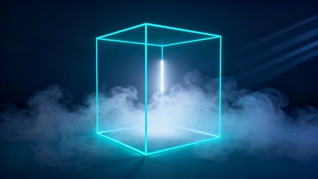 Generative AI futuristic neon cube emerging from digital mist at night.