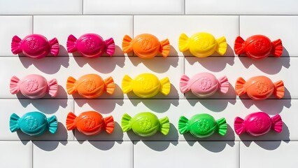 Assorted colorful candy arranged on white tiled background in a grid like pattern under bright lighting