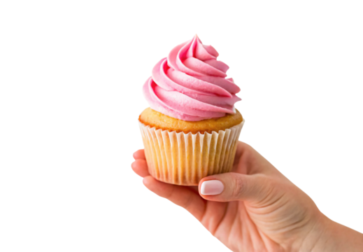 Hand holding vanilla cupcake topped with swirled pink frosting in white wrapper, isolated on a transparent background - Powered by Adobe