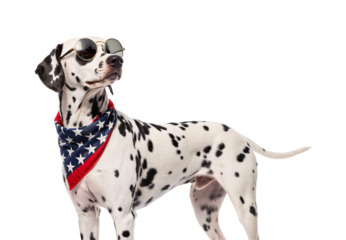 Dalmatian dog wearing patriotic bandana and round sunglasses striking confident pose, isolated on a transparent background