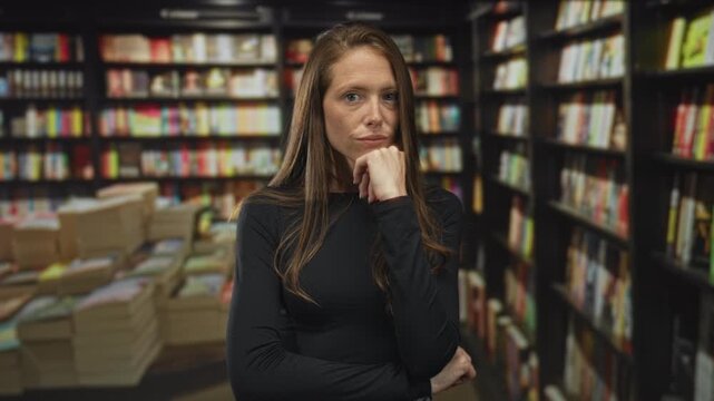 Woman hand on chin among books in library building near shelves and stacks; thoughtful study reflection.