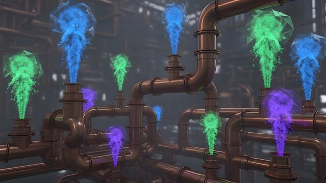 Copper pipes with colorful vapor plumes in an industrial setting with a dark background