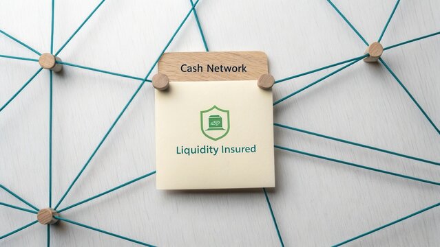 Cash Network Concept with Insured Liquidity and Connected Strings on White Surface
