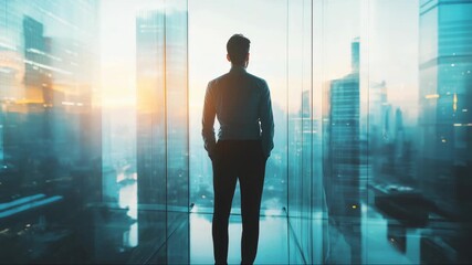 Professional man gazes out over a city skyline at sunset from a high-rise office window - Powered by Adobe